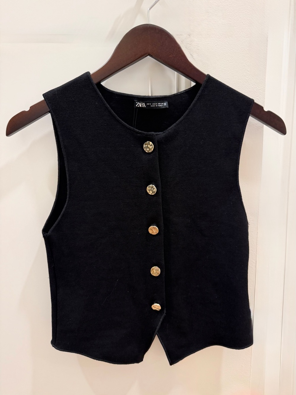 NWT Zara Black Sleeveless Button Front Textured Vest SZ S